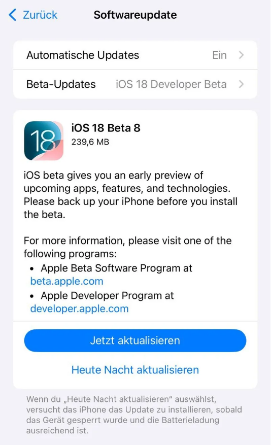 淮阴苹果手机维修分享苹果 iOS / iPadOS 18 开发者预览版 Beta 8 发布 